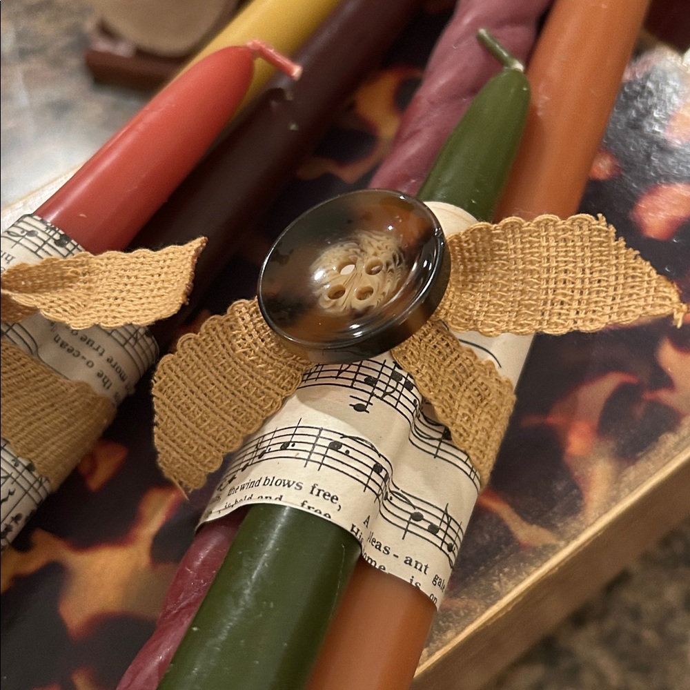 Handcrafted Pillar Candle Set with Vintage Sheet Music, Ribbon and Button - Picture 2 of 3